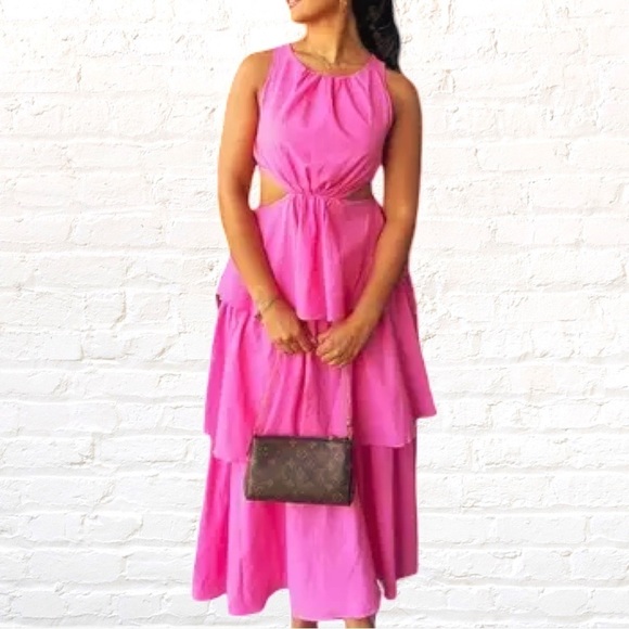 MARBLE Dresses & Skirts - Mable Barbie Pink Cut Out Dress with Tiered Maxi Skirt Size Small Barbiecore